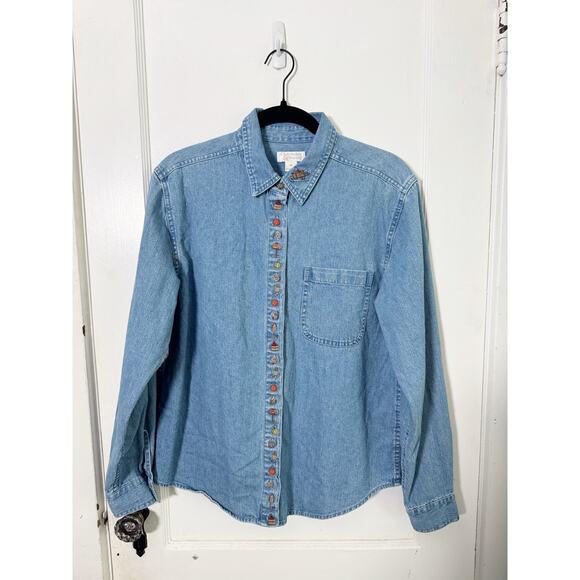 Vintage Tops - Vintage Collared Denim Button Down Shirt Embroidered Fall Motif Pumpkins Autumn